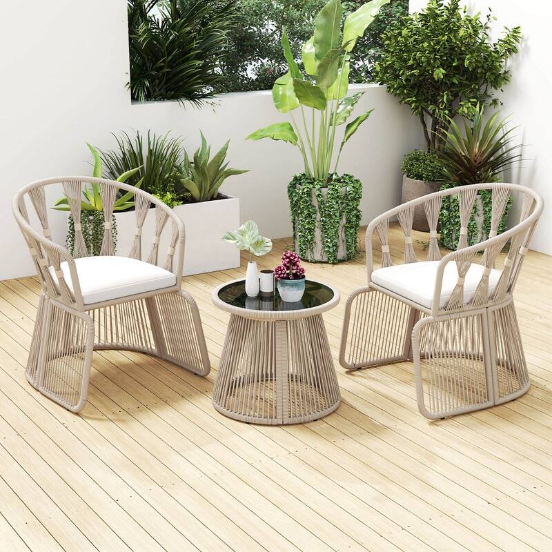 Costway 3 PCS Patio Leisure Chair Set Rope-Woven Armchairs & Table Set - See Details - Off White+Beige - See Details