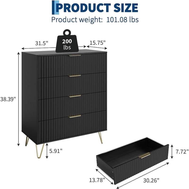 32" Wide Modern Fluted Dresser for Bedroom with 4 Drawers