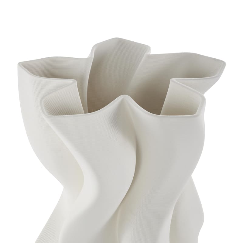 Ceramic Abstract Ribbed Dimensional Wavy Decorative Vase with Floral Shaped Rim - White - Roche River Decor
