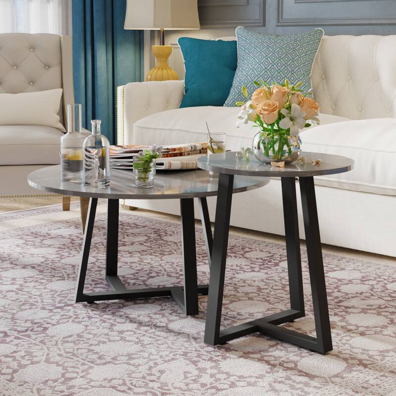 Set of 2 Round Sofa Side End Table Sintered Stone Nesting Coffee Table