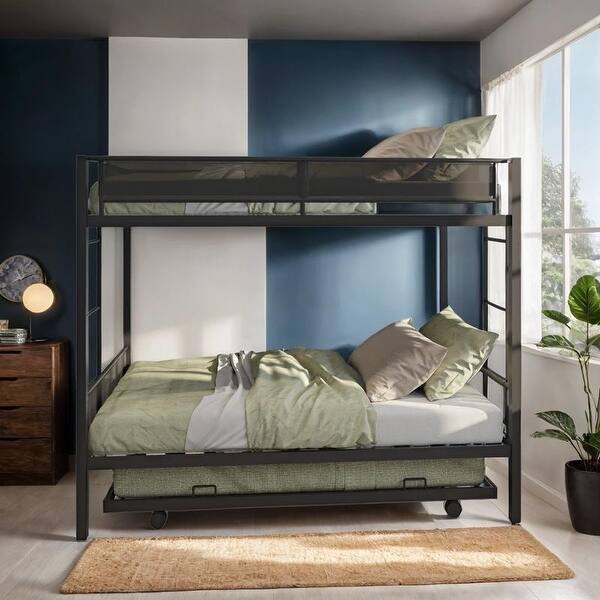 slide 2 of 11, Twin over Twin Metal Bunk Bed for Three with Space-Saving Trundle, Black Black
