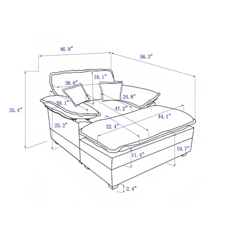 56.3 Inch Corduroy Single Deep Seat Sofa Chair With 2 Toss Pillows and a Ottoman