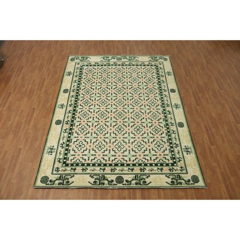Hand-knotted Traditional Wool Beige Geometric Oriental Area Rug - 12' 1'' X 9' 0''