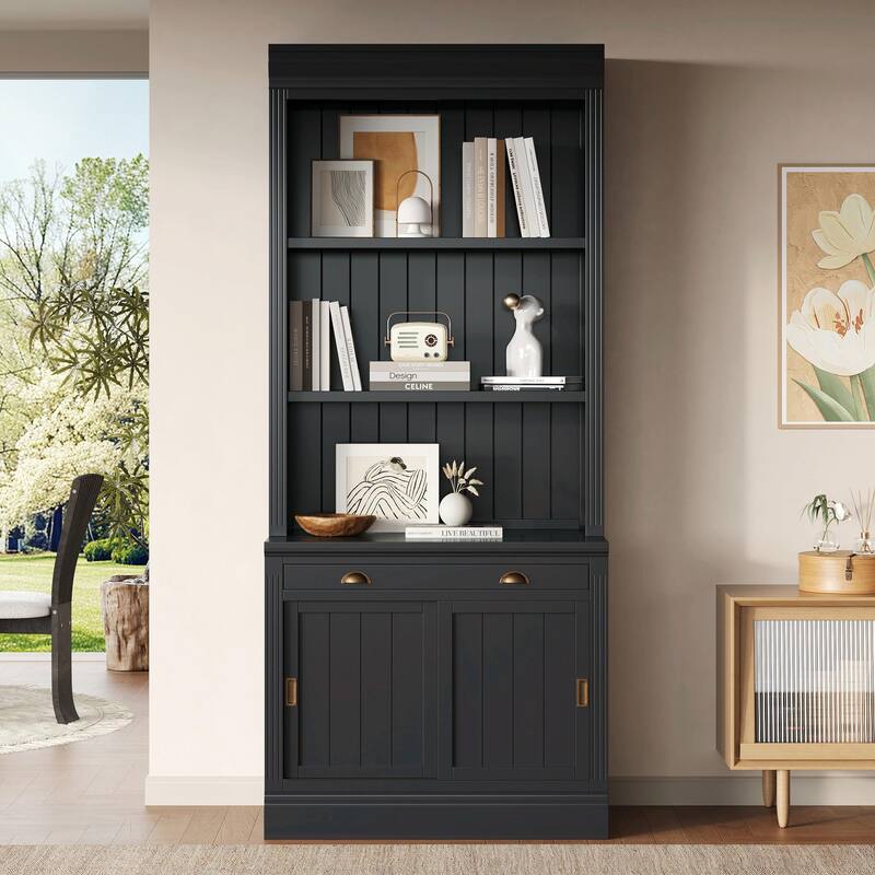 83.4" Tall Bookshelf, Modern Bookcase with Sliding Doors & Open Shelves