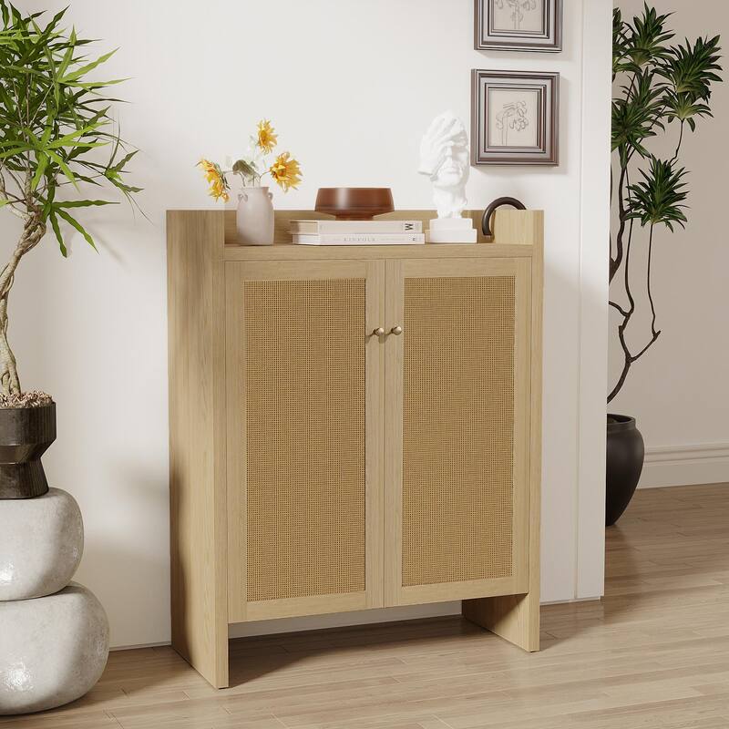 Anmytek Walnut Rattan Shoe Cabinet with Doors and 6 Tier Adjustable Shelves Wooden Entryway Shoe Organizer