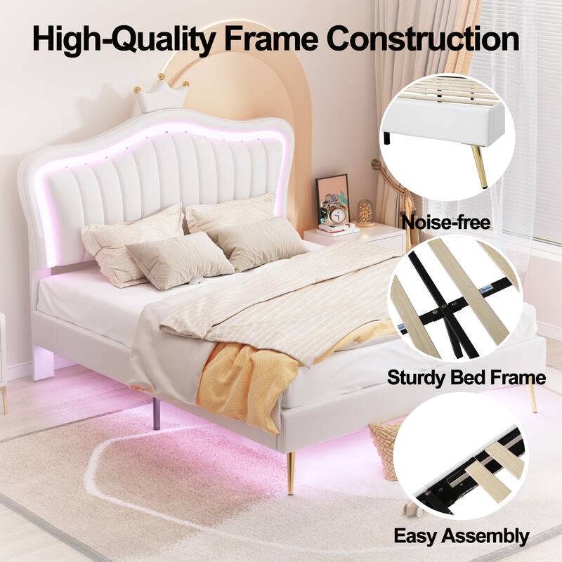 Modern Upholstered Bed Frame with LED Lights and Crown Headboard, Twin/Full/Queen