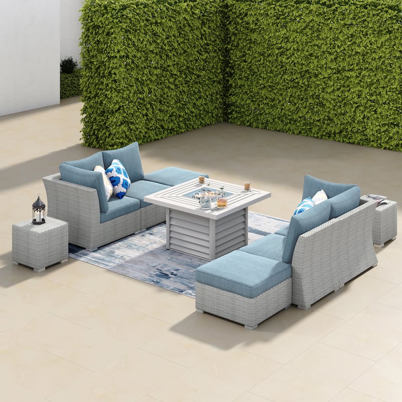 Corvus 9-piece Grey Wicker Patio Sectional Conversation Set with Fire Pit
