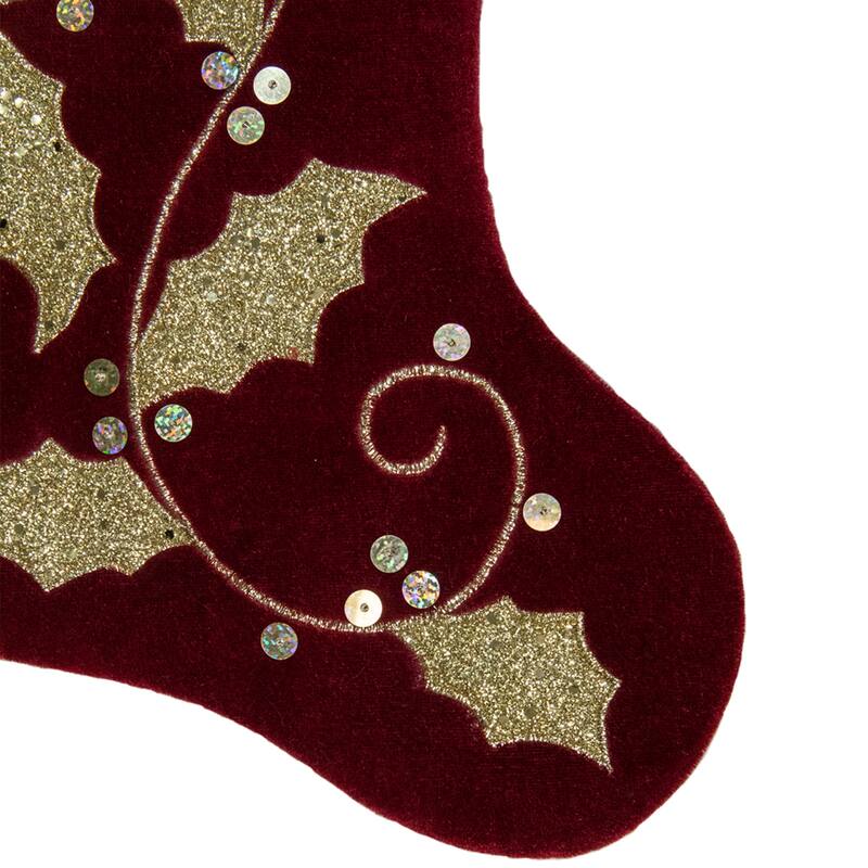 20.5-Inch Velvet Gold and Maroon Etched Cuff Christmas Stocking - 20.5"