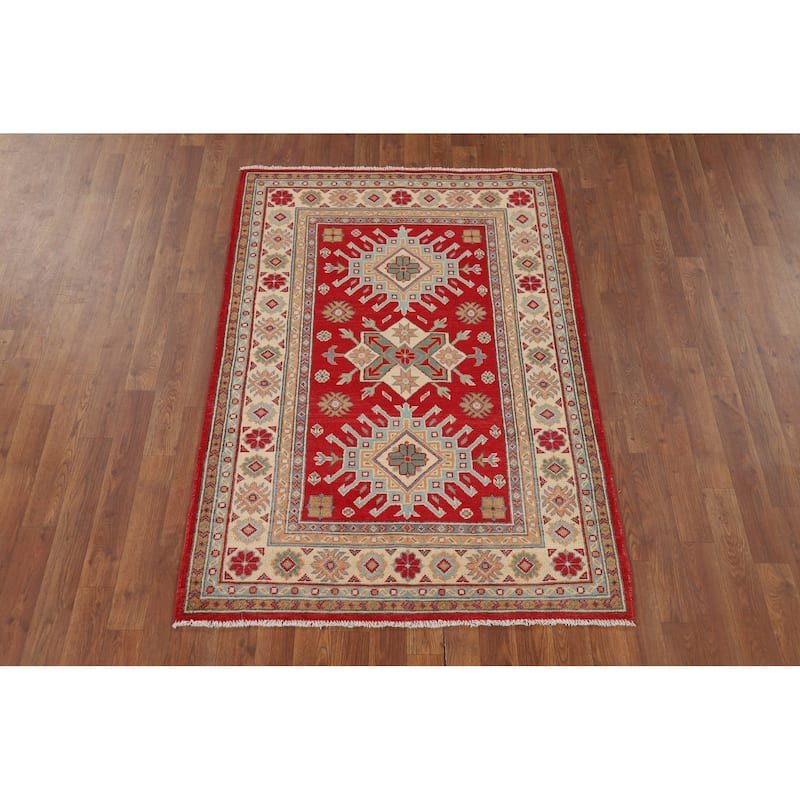 Kazak Accent Rug Handmade Geometric Red Wool Carpet - 3'5" x 4'11"