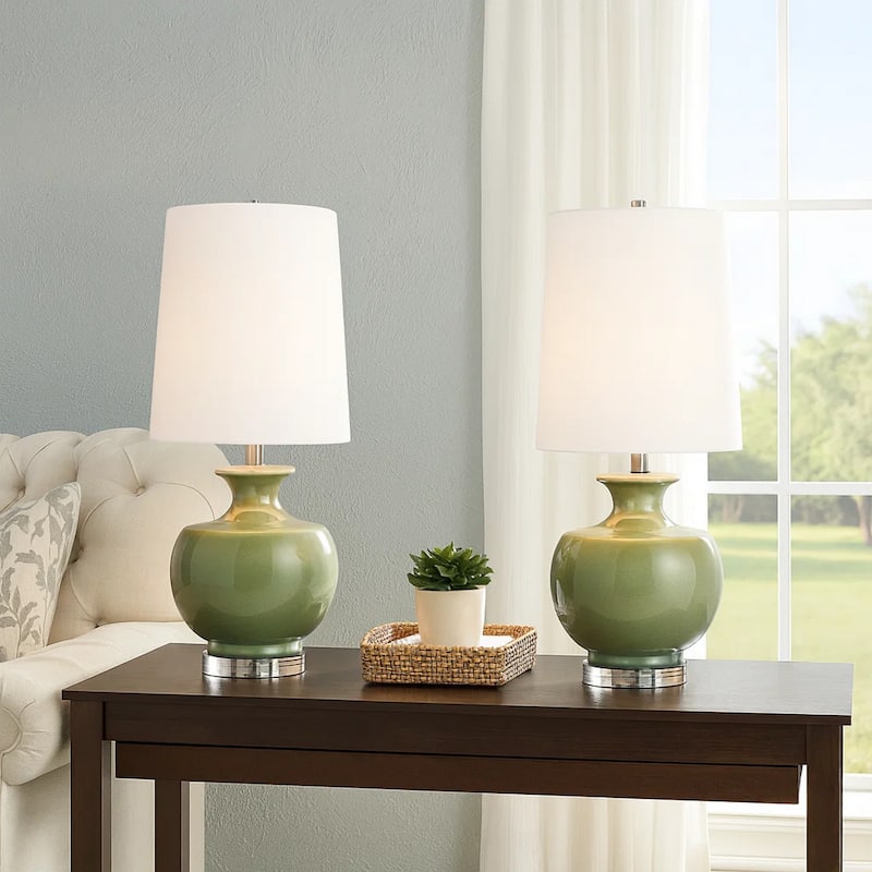 Kela 28 Inch Table Lamp Set of 2, Green Ceramic Pot Base, White Shade