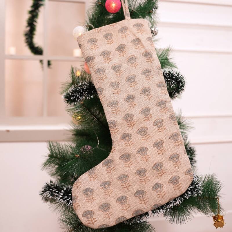 Fabdivine 16x6.5 Inches Hand Floral Block Print Christmas Stockings Tassle and Loop Perfect for Gift - 16"X6.5"