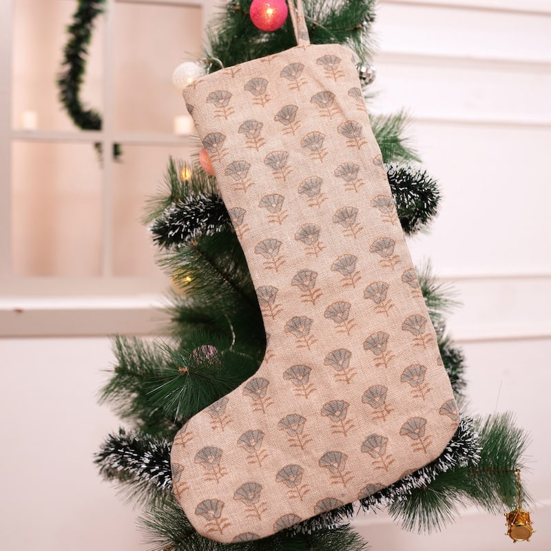 Fabdivine Handmade Christmas Stocking Floral Block Print 10X4.5 Inch Tassel Loop for Home Décor - 10"X4.5"