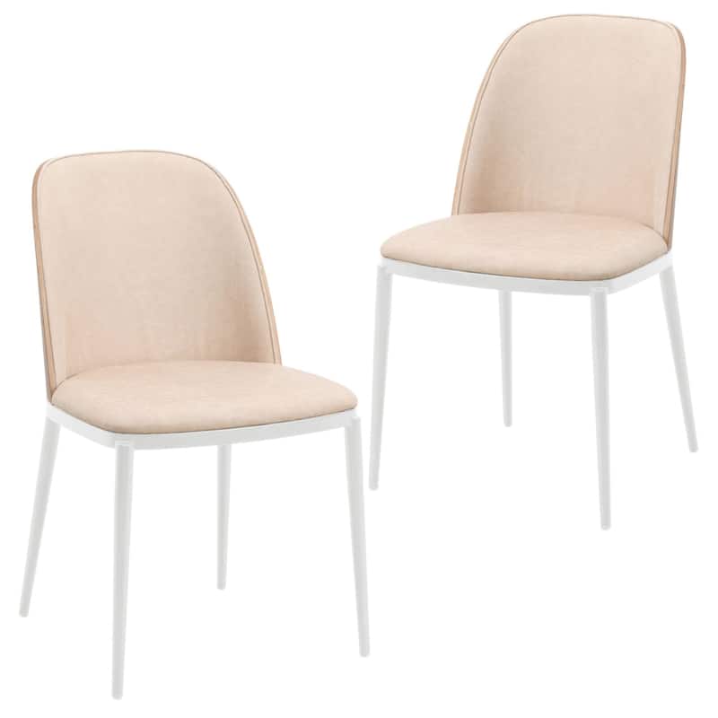 LeisureMod Tule Dining Chair with Upholstered Seat and White Steel Frame, Set of 2 - Walnut/Light Brown