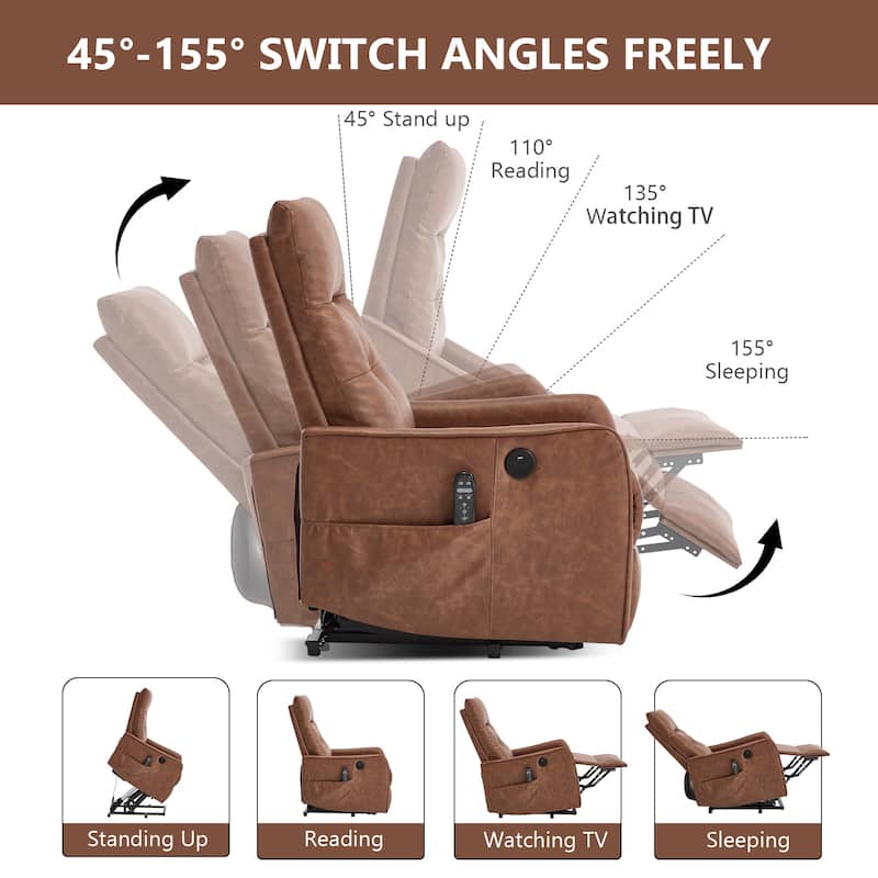 PU Leather Recliner with Single Motor Lift Massage Heat and 155 Degree Recline