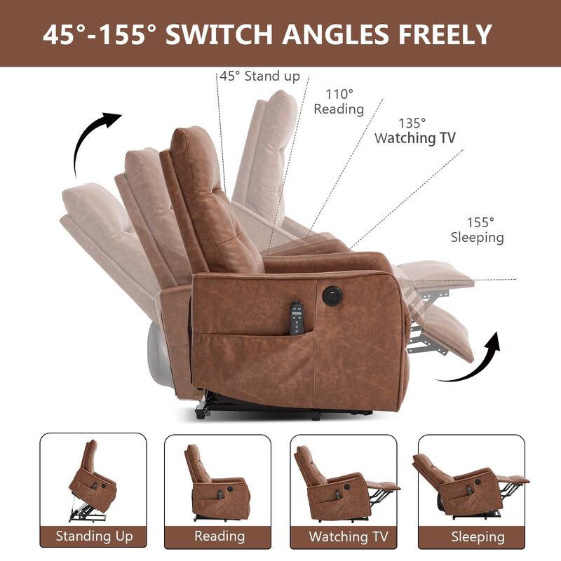 Power Lift Recliner Chair with Massage & Heat, PU Leather Single Motor Heavy Duty Recliner Chair, Lounge Chair with USB Port