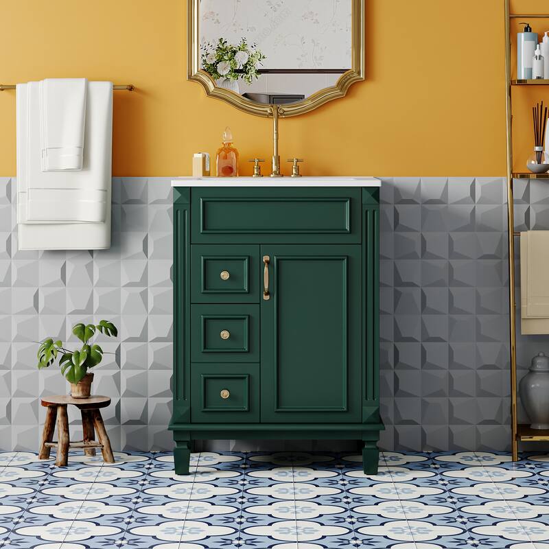 24" Bathroom Vanity with Ceramic Sink - Modern 2-Drawer Storage Cabinet, Adjustable Shelf, Space-Saving Design