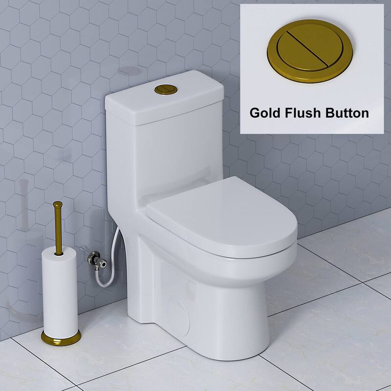 1 Piece High Efficiency Dual Flush Toilet White 0.8 1.28 GPF Seat Included Brushed Gold Button