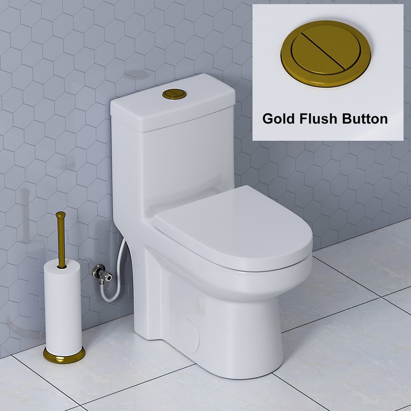 HOROW 1 Piece High Efficiency Dual Flush Toilet White 0.8/1.28 GPF Seat Included Brushed Gold Button