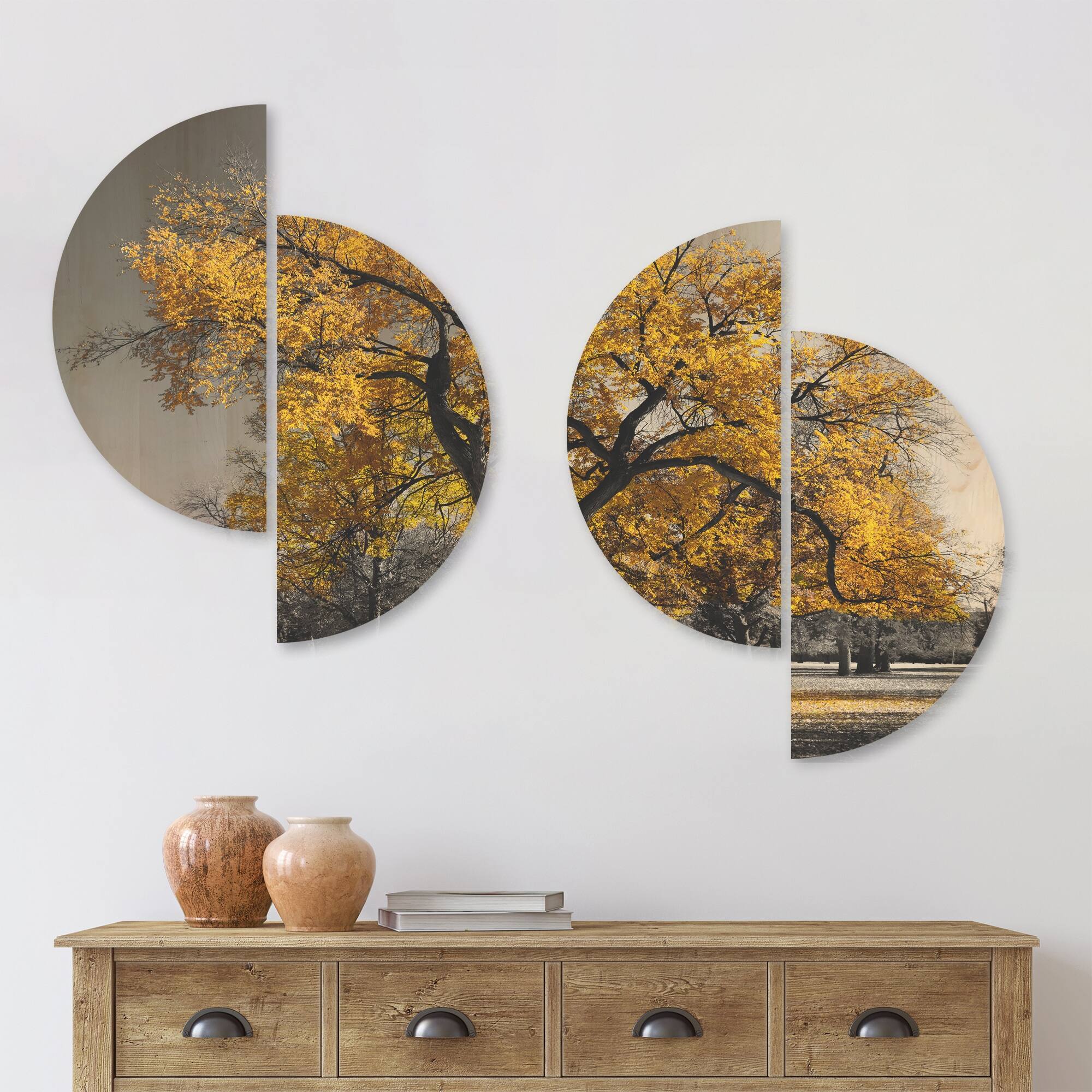 Designart 'Big Golden Tree' Landscapes Wood Wall Art Set of 4 Half Circles Bed Bath & Beyond