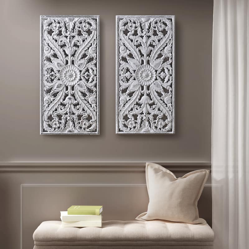 Madison Park Botanical Distressed Carved Wood Wall Decor (Set of 2)