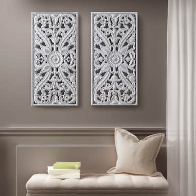 Madison Park Botanical Distressed Carved Wood Wall Decor (Set of 2)