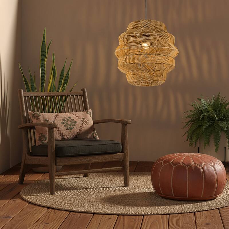 Cana 1-Light Wicker Outdoor Pendant, Coastal Boho Tiered Drum - Handwoven