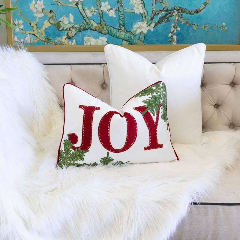 JOY Embroidered Christmas Throw Pillow - 14x20" Velvet Lumbar Cushion in Red and White with Green Holiday Accents