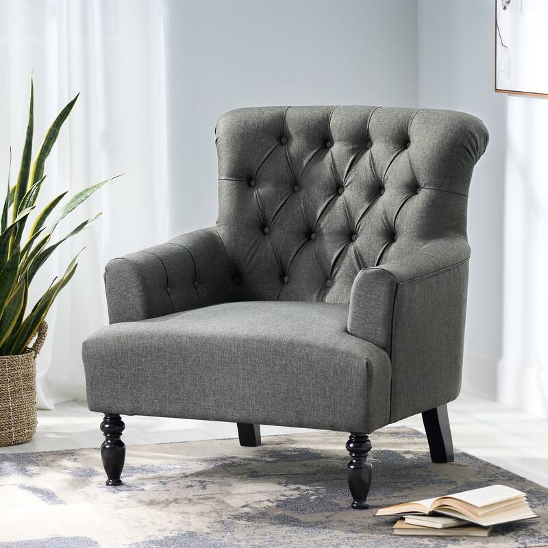 Dark Gray Modern 33.5" Upholstered Club Chair with Wood Legs and Button Tufted Cushions - Dark Gray