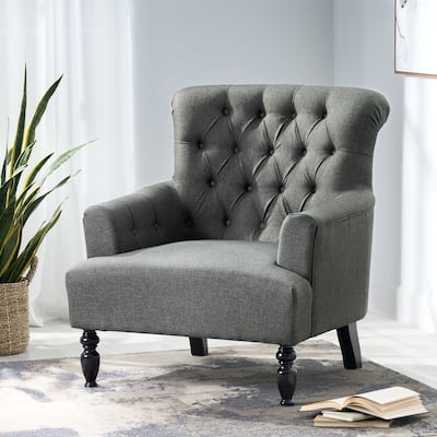 Dark Gray Modern 33.5" Upholstered Club Chair with Wood Legs and Button Tufted Cushions