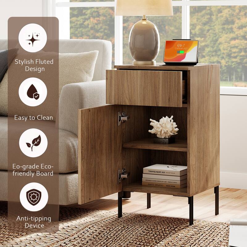 31.5" Wooden 2-Doors Sideboard With Charging Station, Modern Reeded Credenza Storage Cabinet
