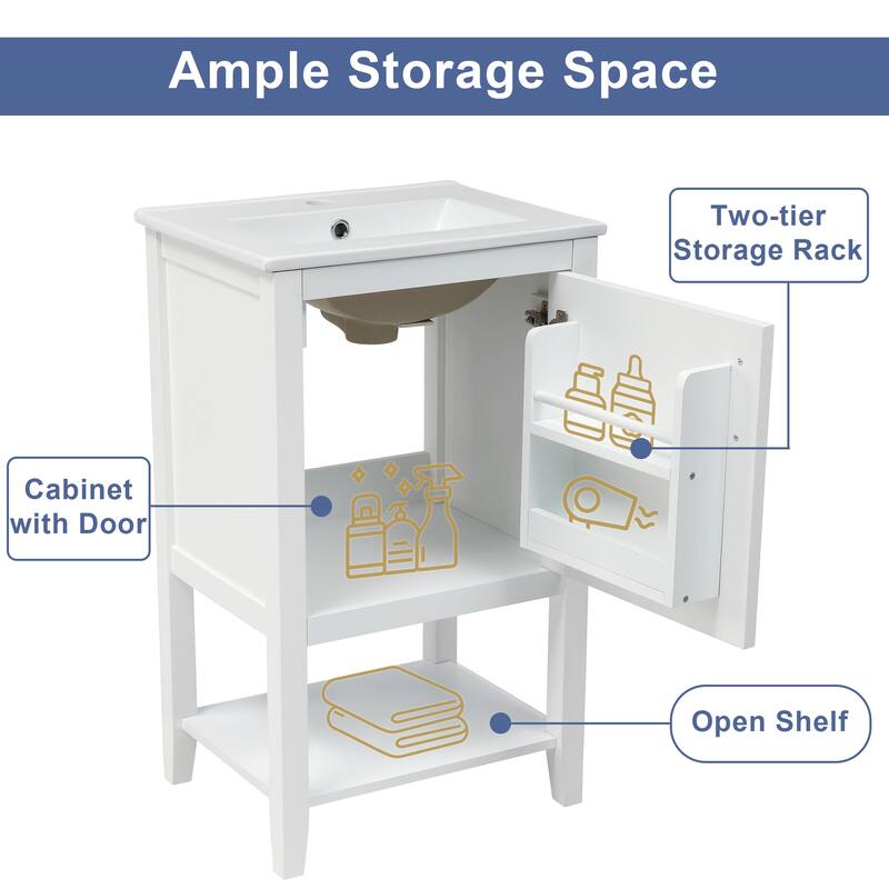 20" Modern Bathroom Vanity with Sink, Soft Close Door, Storage Rack & Open Shelf, Freestanding Cabinet