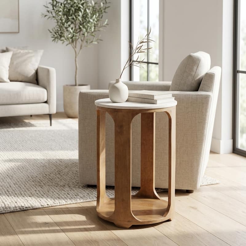 Modern Round Stone Top Accent Table with Wood Base - 22", Brown