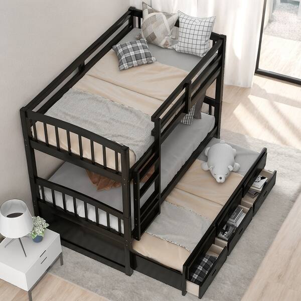 slide 2 of 11, Twin over Twin Bunk Kids Bed Frame with Trundle & Drawers, Convertible Design, Espresso EspressoÂ