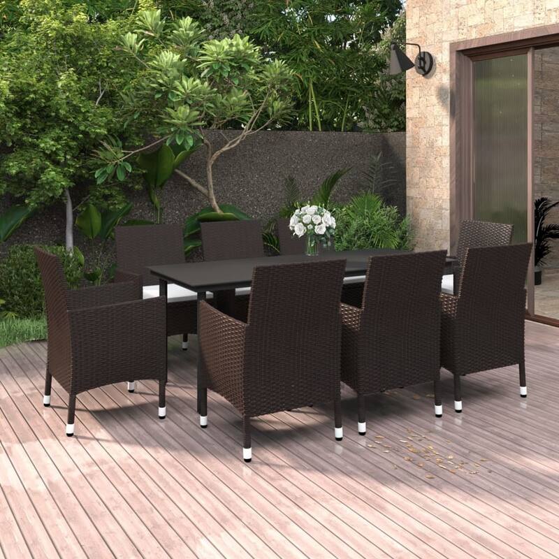 vidaXL Patio Dining Set Outdoor Table and Chair Set Poly Rattan and Glass - Brown 78.7" x 39.4" x 29.1" 9-Piece