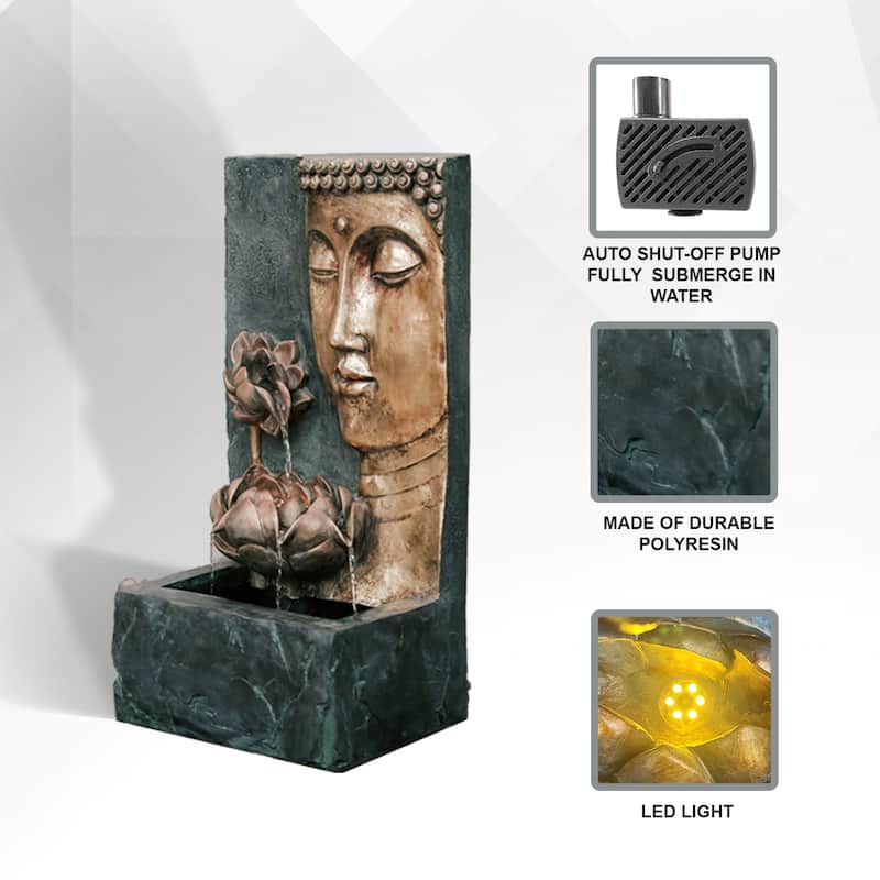 XBrand Cascading Lotus Buddha Face Indoor Outdoor Zen Water Fountain w/LED Light, 30 Inch Tall, Bronze and Natural Grey