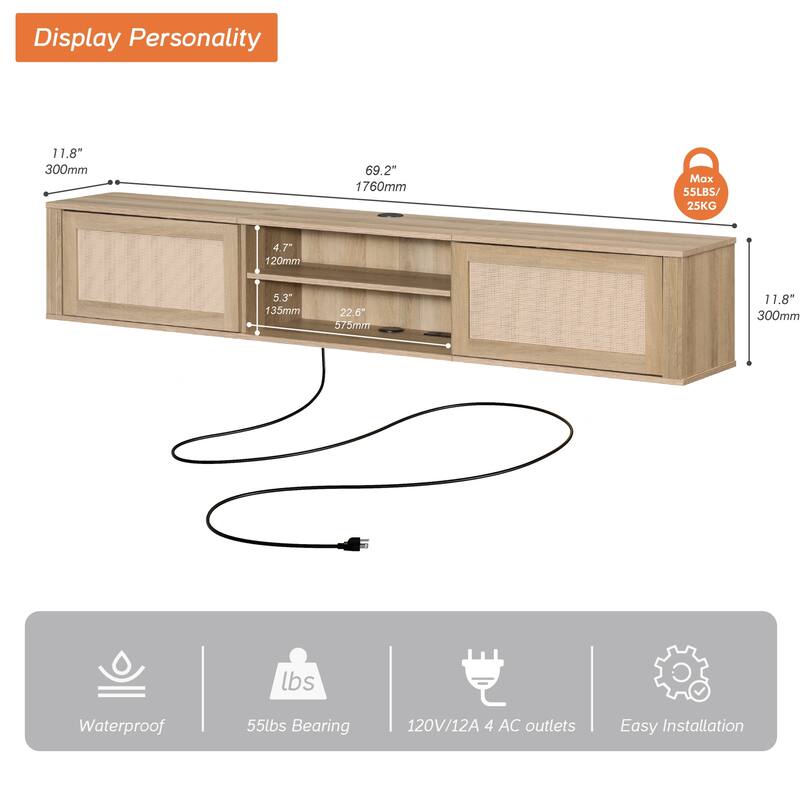 WAMPAT Floating TV Stand Shelf with Power Outlet and 2 Rattan Doors
