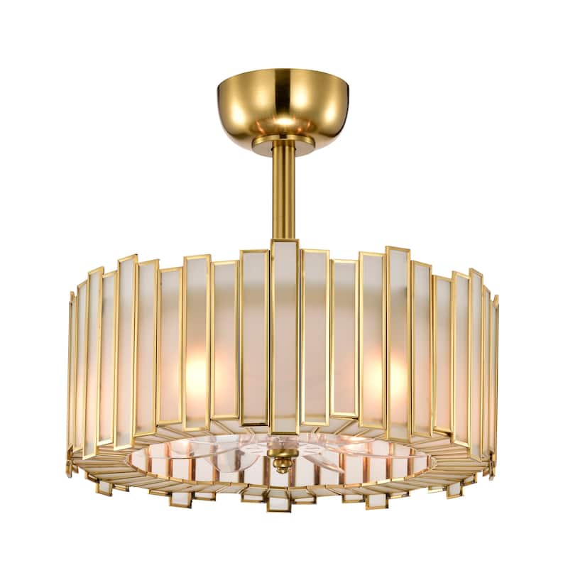 Walda 6-light Brass and Frosted Glass Staggered Panes Fandelier Lighted Ceiling Fan Remote Control - Brass-White