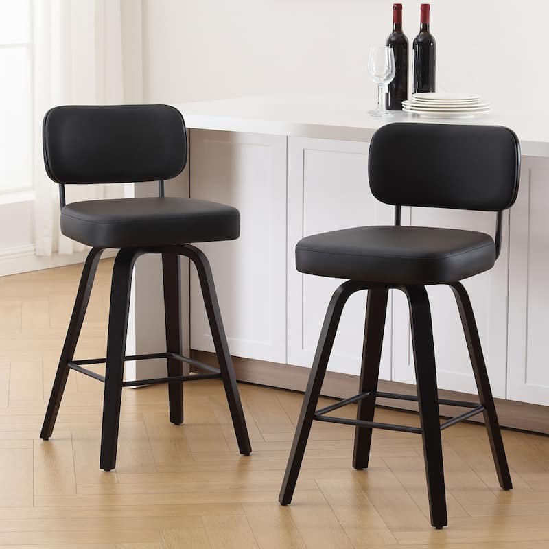 26"/29" Swivel Counter/Bar Stools with Black Bentwood Legs - Set of 2 - Black-Leather Back - Counter Height