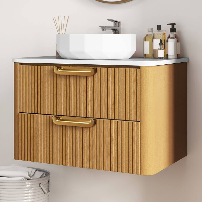 Moasis 30 Inch Floating Bathroom Vanity with Sink, Wall-Mounted Vanity with Engineered White Stone Top - Natural