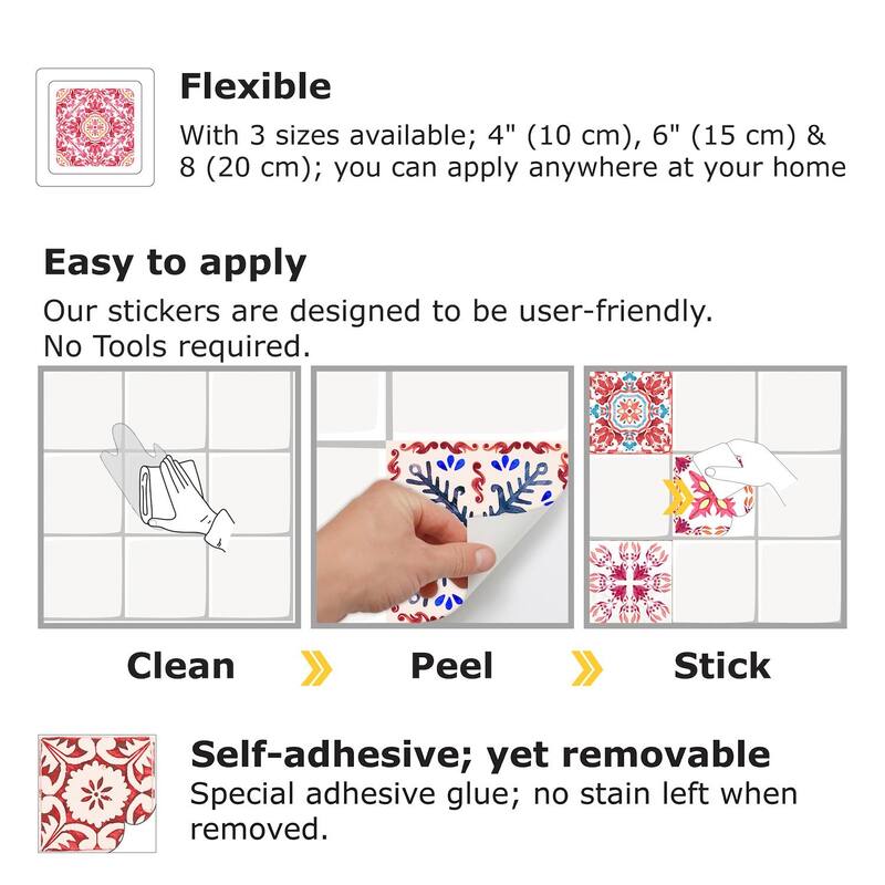Walplus Tile Stickers Peel and Stick Moroccan Rose Red Mosaic Wall Sticker Decal