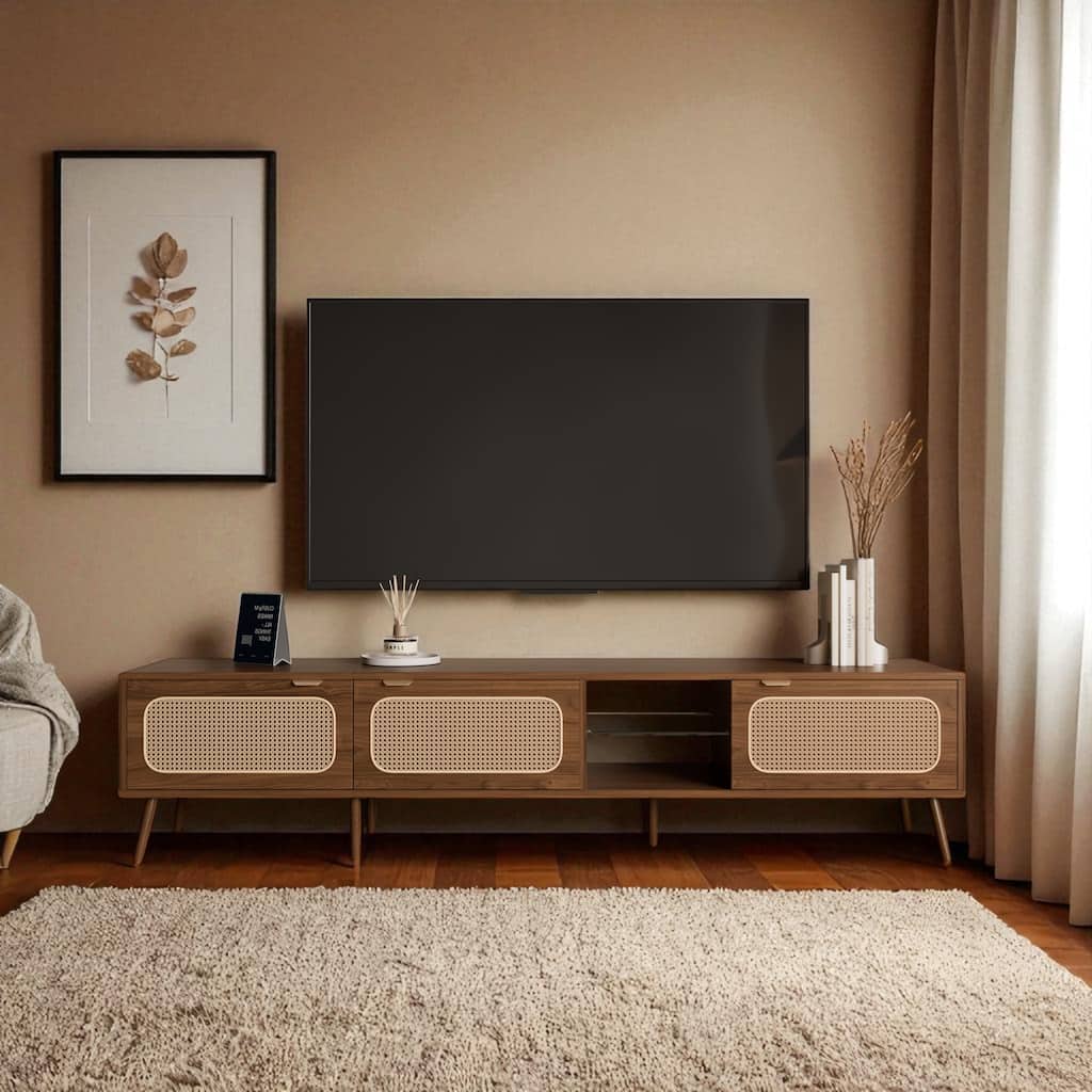 78" TV Stand for 75-85 Inch TVs, Modern Console with Rattan Doors, Glass Shelf, and Storage Cabinet in Walnut