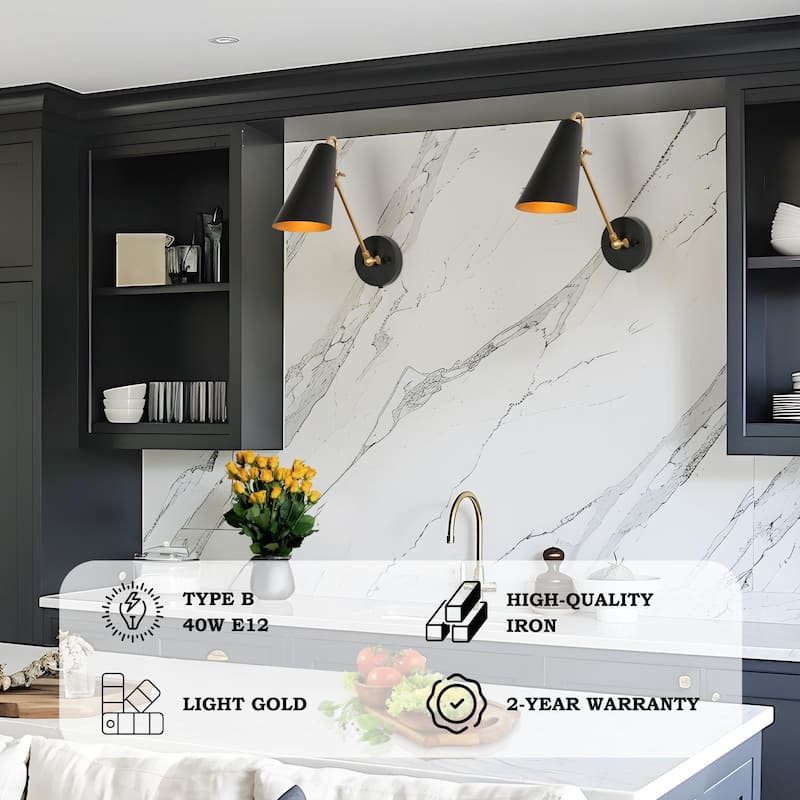Modern Metal 1-Light Black Gold Swing Arm Light Plug-in/ Hardwired Adjustable Wall Sconces - 4.7 " L × 16.1 " W × 11.8 " H