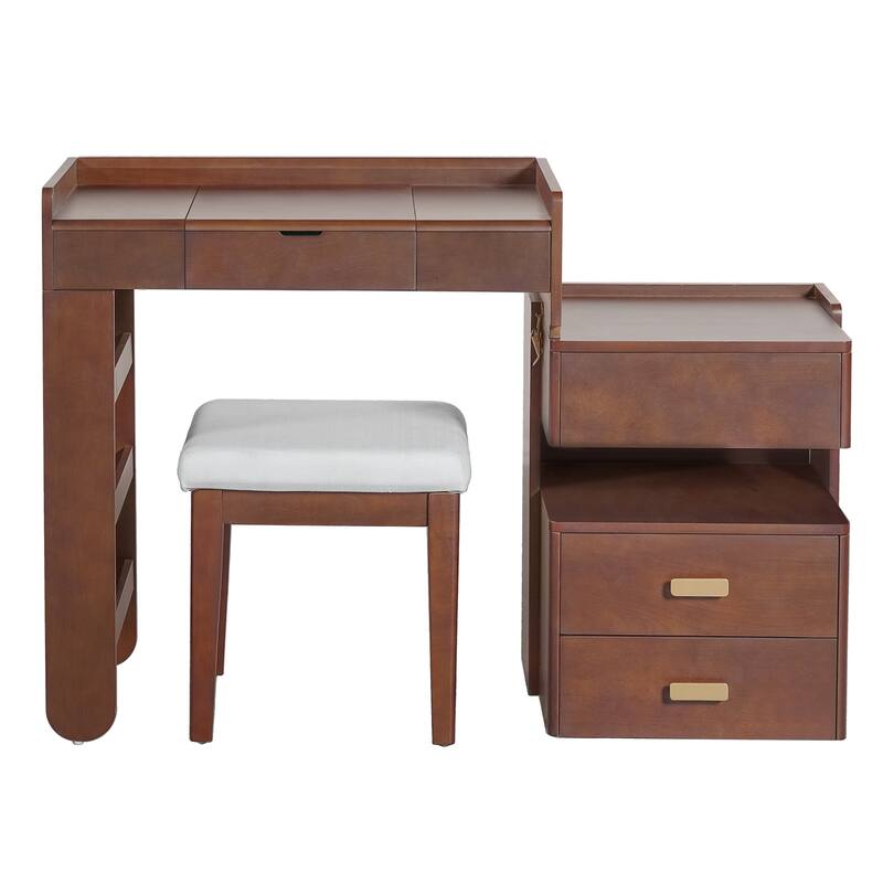 Bedroom Dressing Table and Stool Set of 2, 3-in-1 Makeup Vanity Desk with 3-Color Lighted Mirror & Retractable Side Cabinet