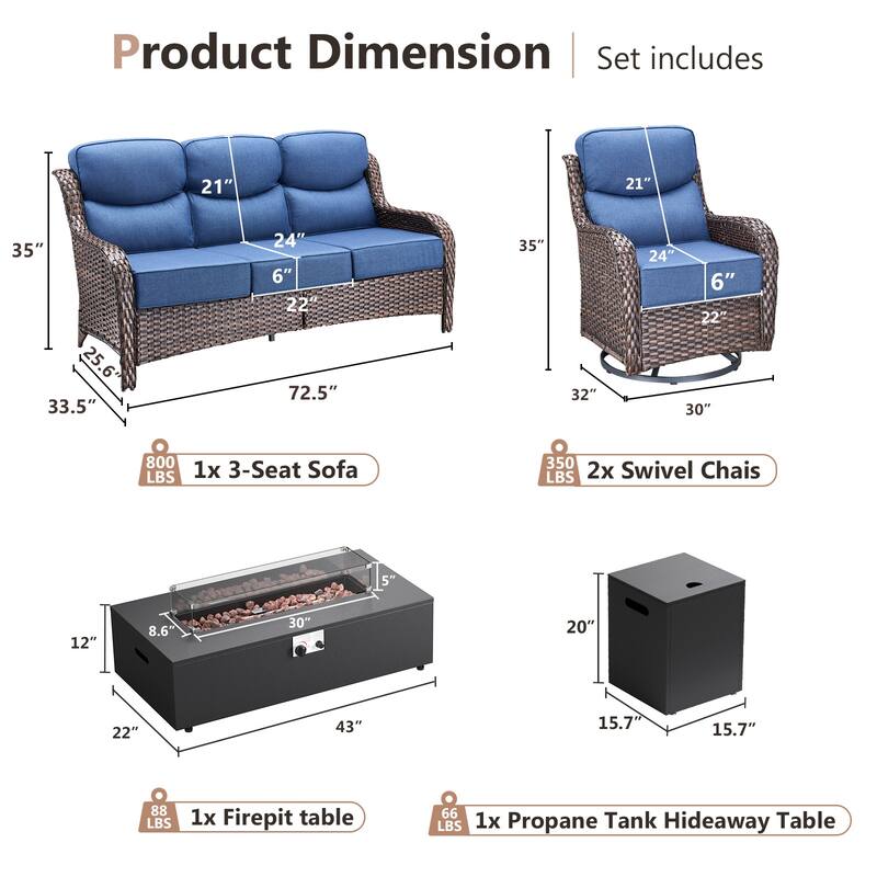 Pocassy 43" Fire Pit w/ Outdoor Sofa Swivel Chair Ottoman Set