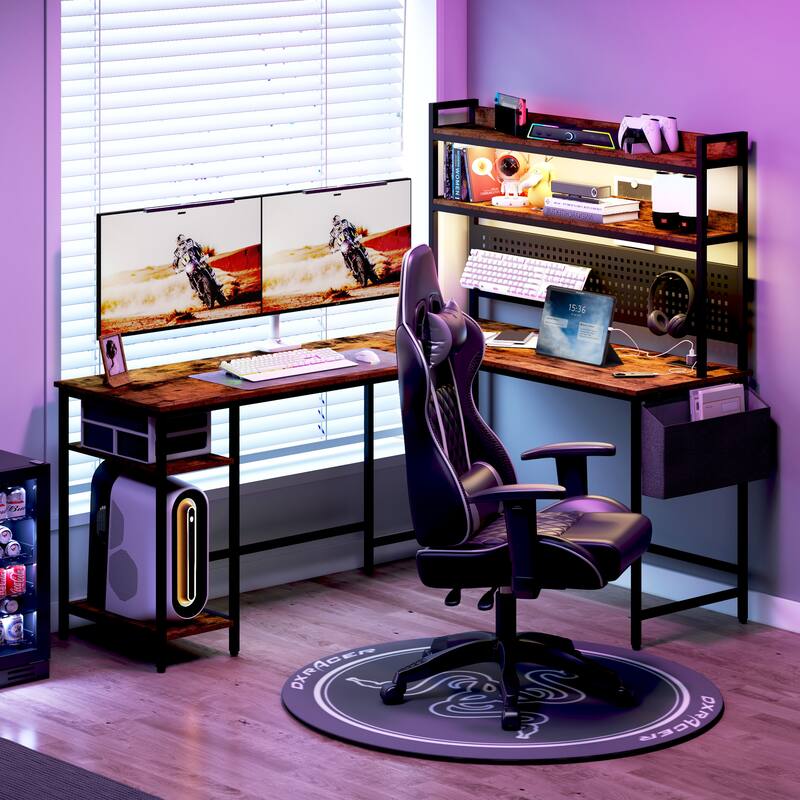 L Shaped Office Desk, Reversible Corner Computer Desk with Power Outlet and LED Light, Gaming Desk with Storage Shelf
