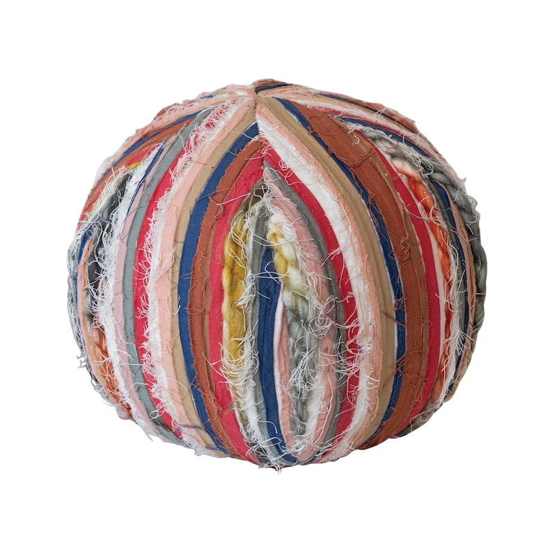 Woven Cotton Blend Orb Pillow with Ripped Fabric Stripes - 10.0"L x 10.0"W x 10.0"H - Multi