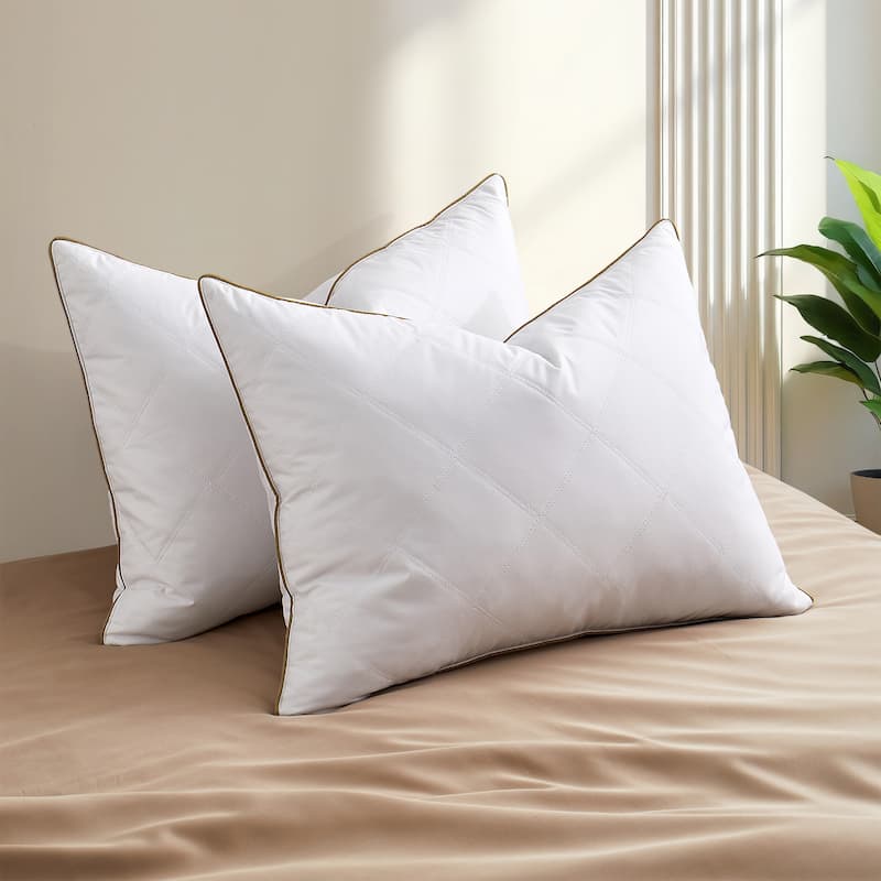 2 Pack Premium Medium-Firm Goose Feather Bed Pillow with Classic Piping - White
