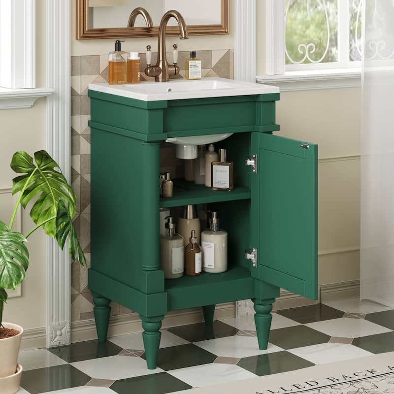 GDFStudio - Wexford Retro Freestanding Bathroom Vanity with Ceramic Sink, Solid Pine Wood Legs & Adjustable Shelf - 18'W
