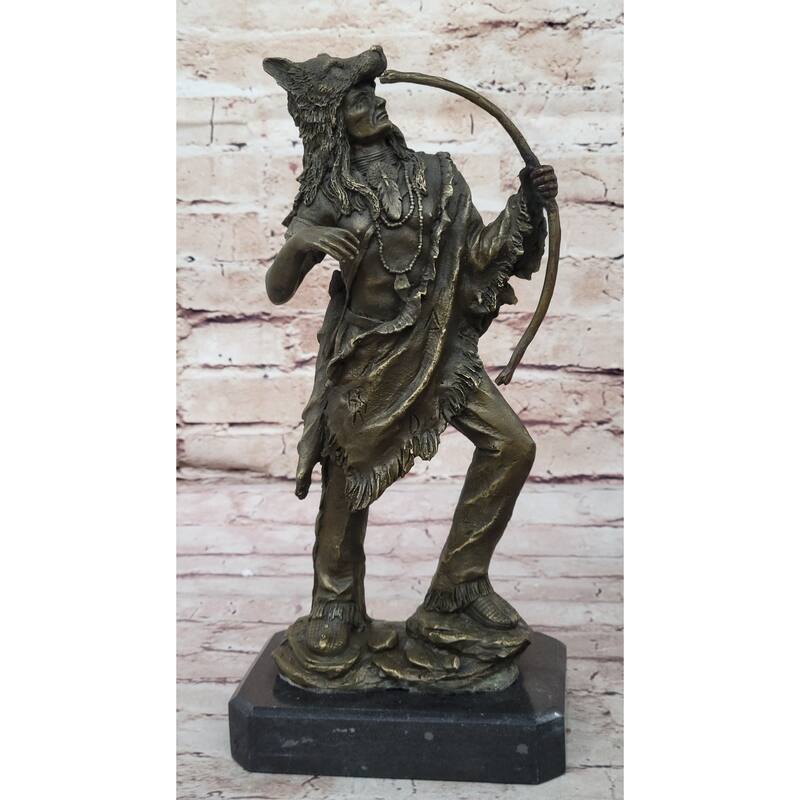 Bronze Mohican Indian Warrior Chief Art Marble Base Sculpture Native American