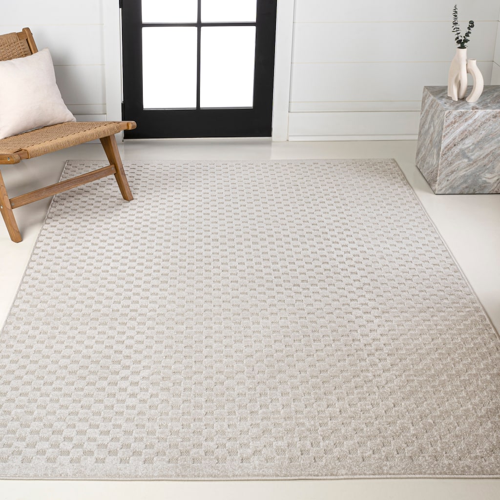 JONATHAN Y Sofia High-Low Modern Minimalist Checkered Monotone Ivory/Cream Indoor/Outdoor Rug
